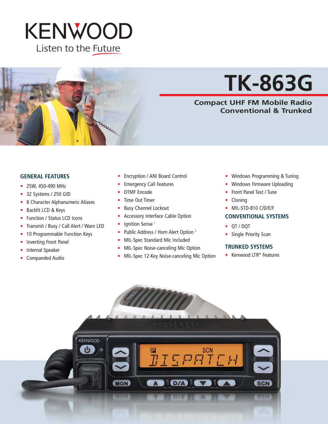 Kenwood TK-863G manual Compact UHF FM Mobile Radio Conventional & Trunked, General Features, Trunked Systems 