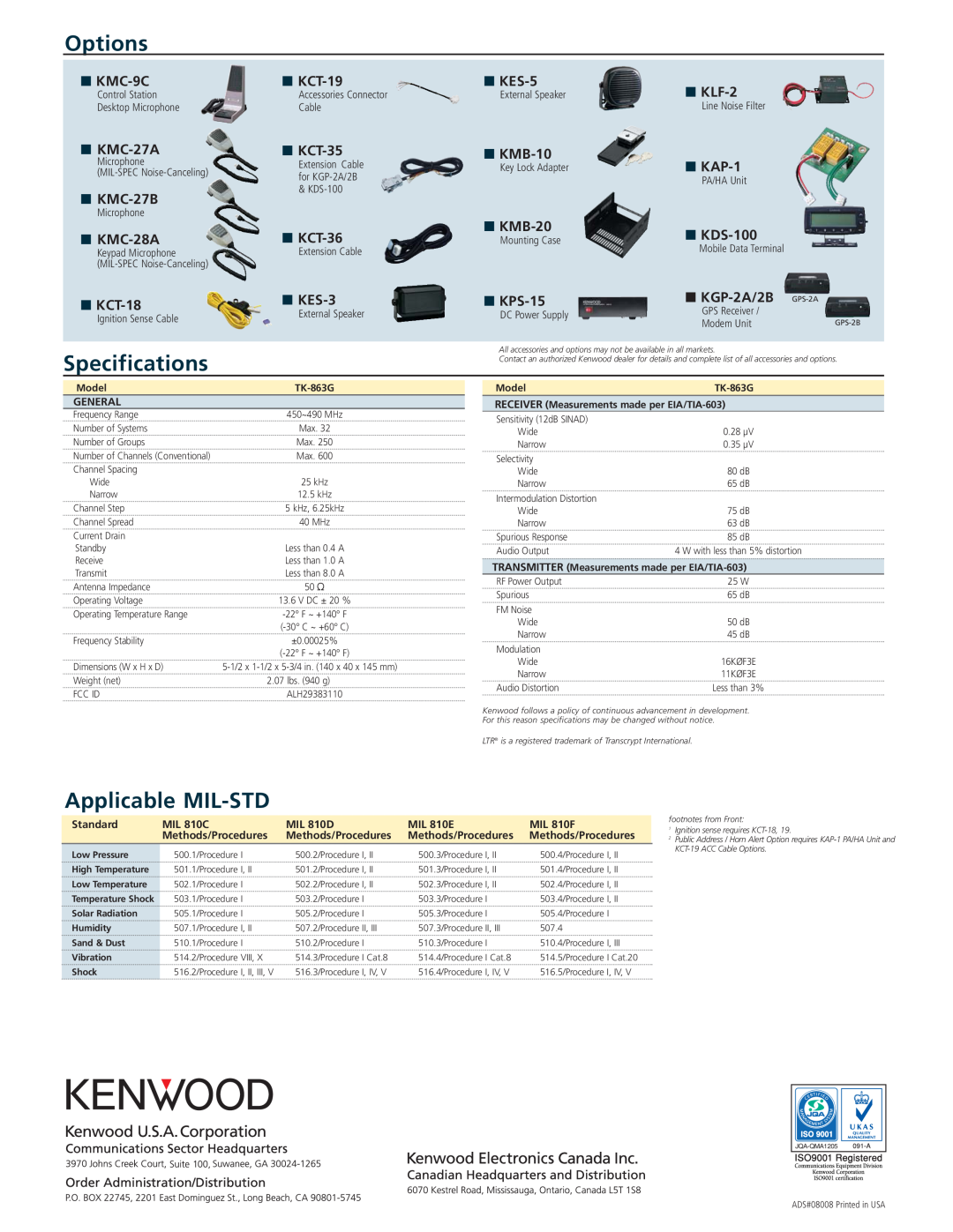 Kenwood TK-863G manual Options, Specifications, Applicable MIL-STD 