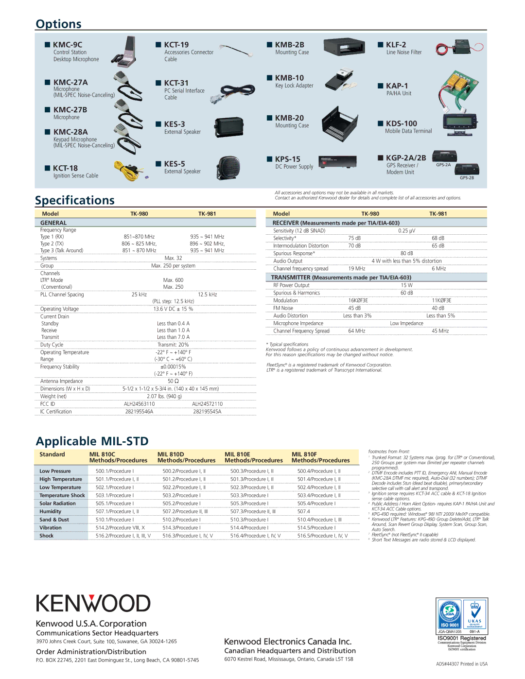 Kenwood TK-981, TK-980 manual Options, Specifications, Applicable MIL-STD 