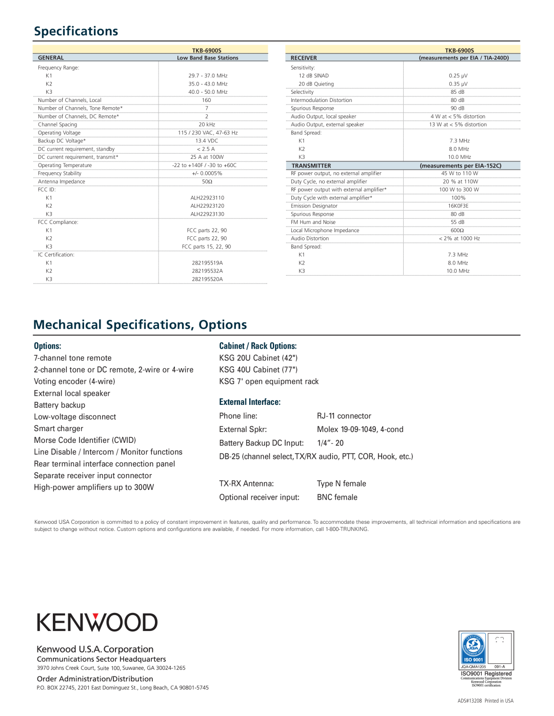 Kenwood TKB-6900S manual Mechanical Specifications, Options, Cabinet / Rack Options, External Interface 
