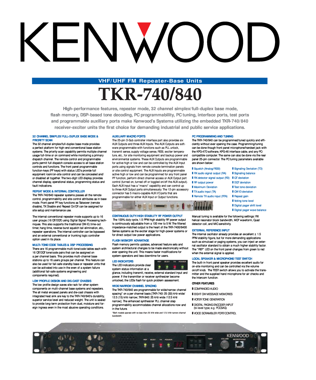 Kenwood TKR-840 manual TKR-740/840, VHF/UHF FM Repeater-Base Units 