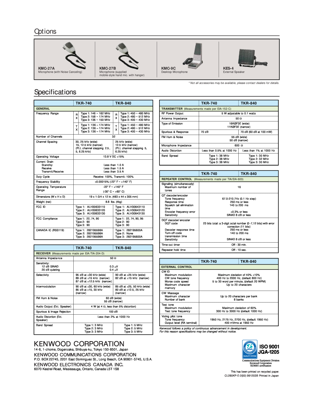 Kenwood TKR-740 manual Options, Specifications, KMC-27A, KMC-27B, KMC-9C, KES-4, TKR-840 