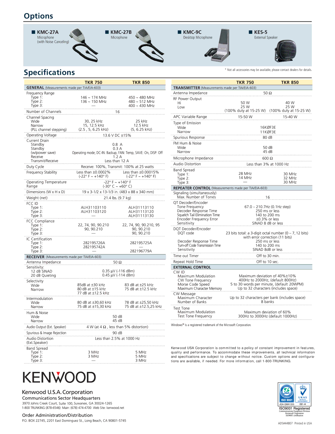 Kenwood TKR-750 manual Options 