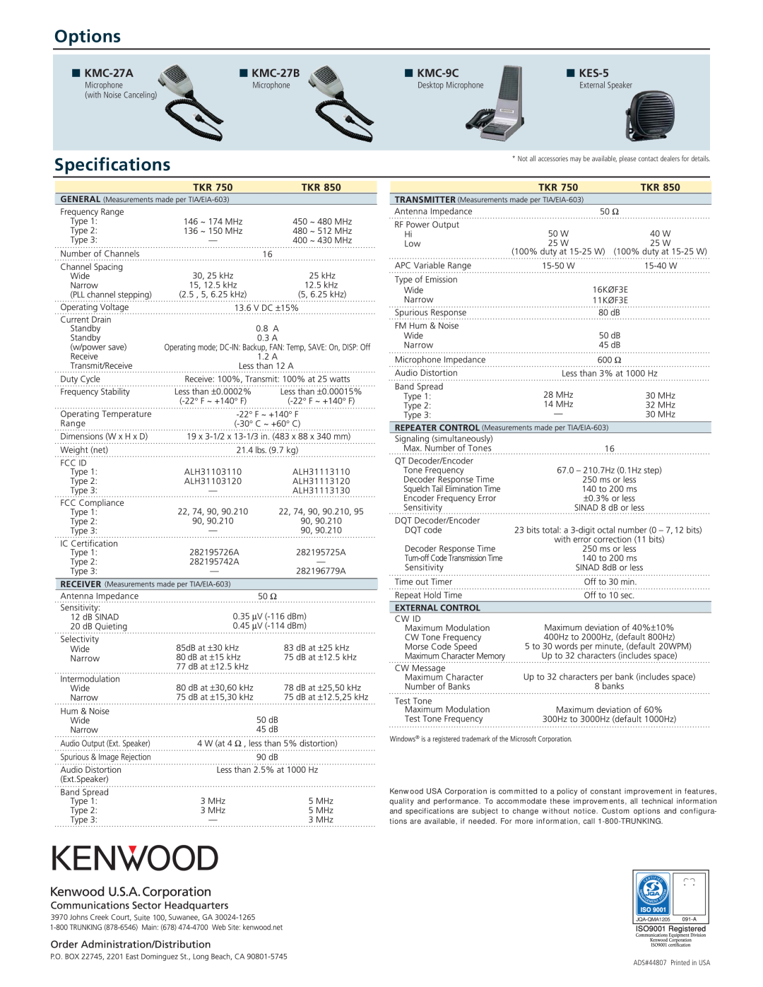 Kenwood TKR-750 manual Options, Specifications, KMC-27A, KMC-27B, KMC-9C, KES-5, Microphone, with Noise Canceling 