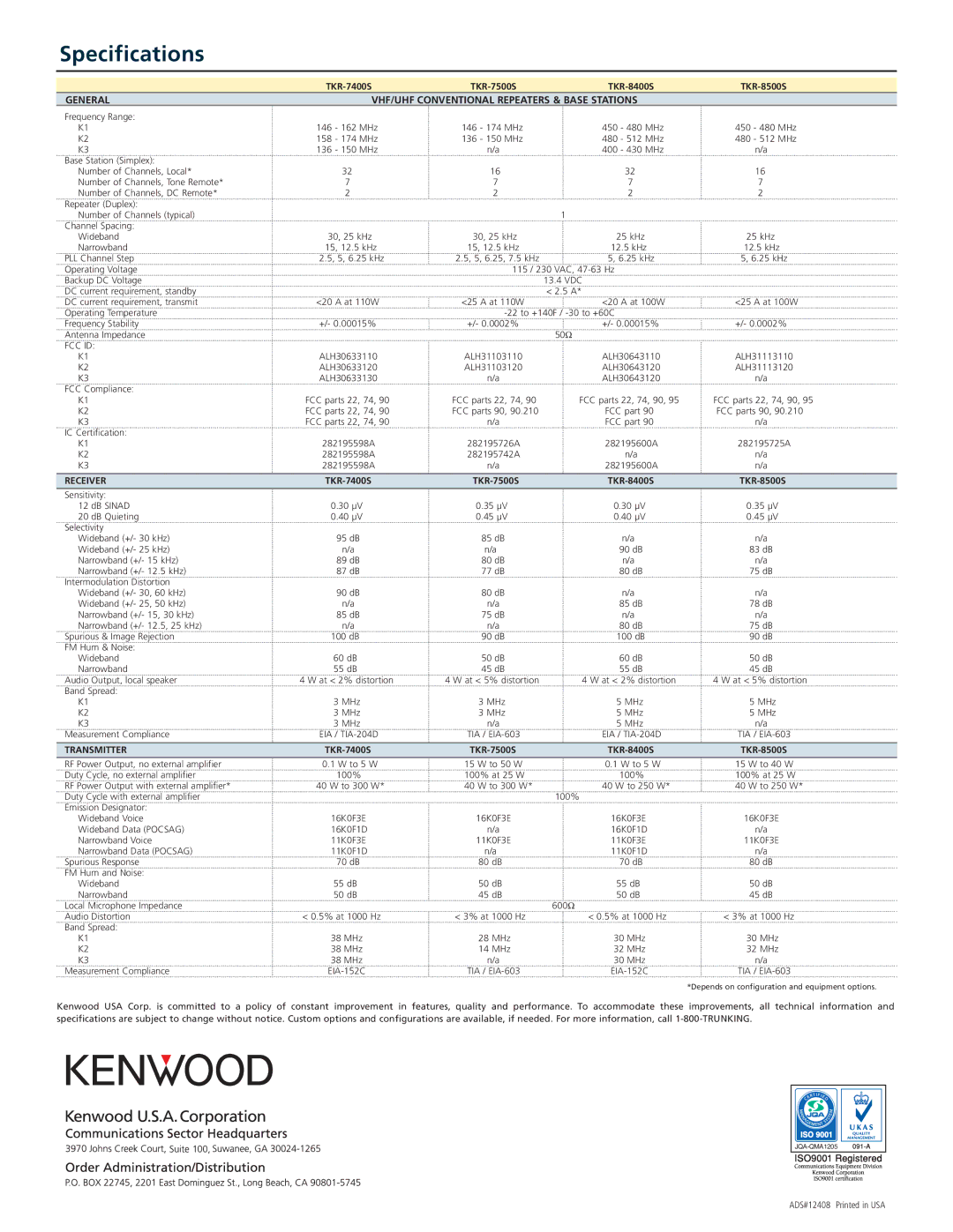 Kenwood TKR-7400S Specifications, General VHF/UHF Conventional Repeaters & Base Stations, Fcc Id, Receiver, Transmitter 