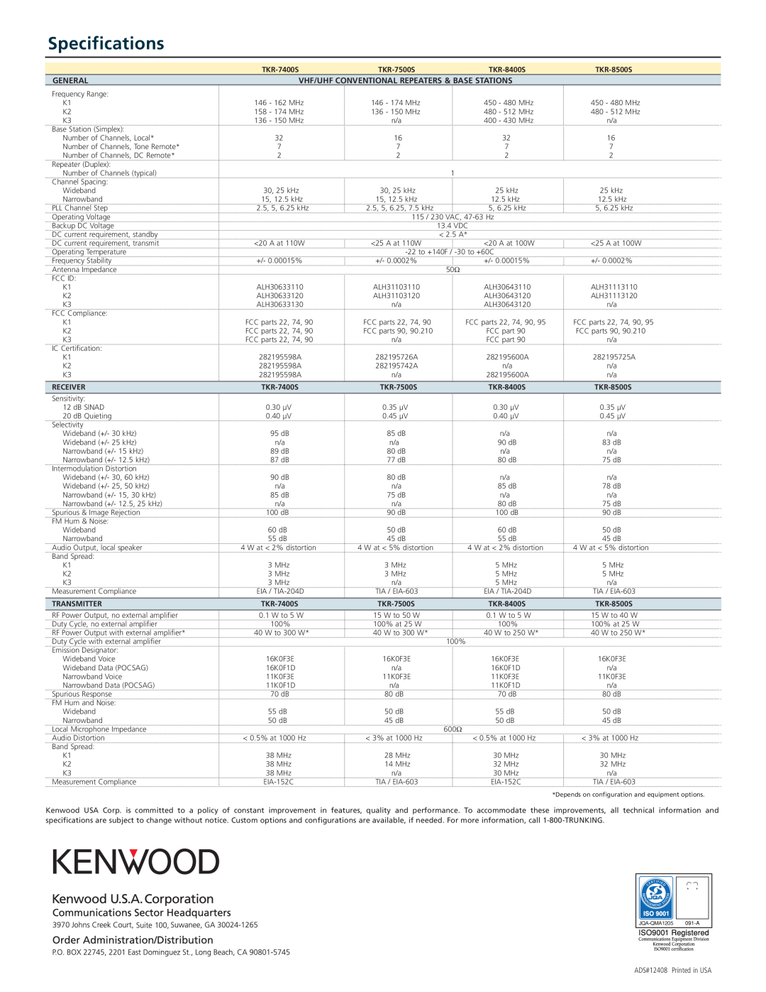 Kenwood TKR-7400S Specifications, General, Vhf/Uhf Conventional Repeaters & Base Stations, TKR-7500S, TKR-8400S, TKR-8500S 