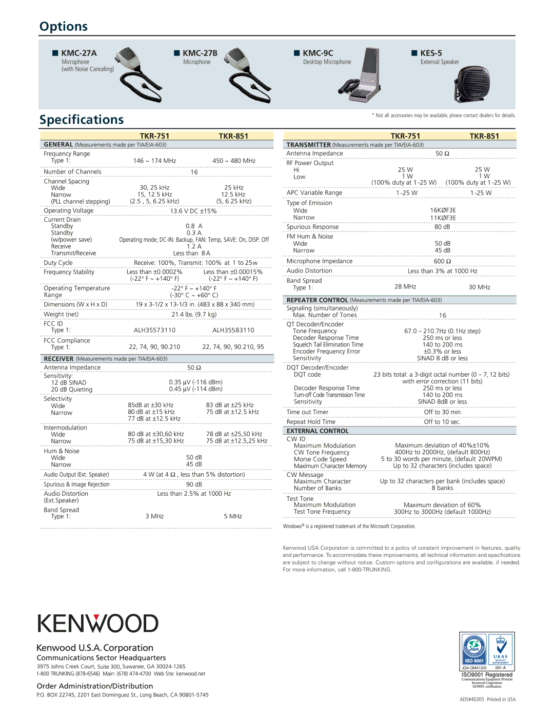 Kenwood TKR-851, TKR-751 manual Options 