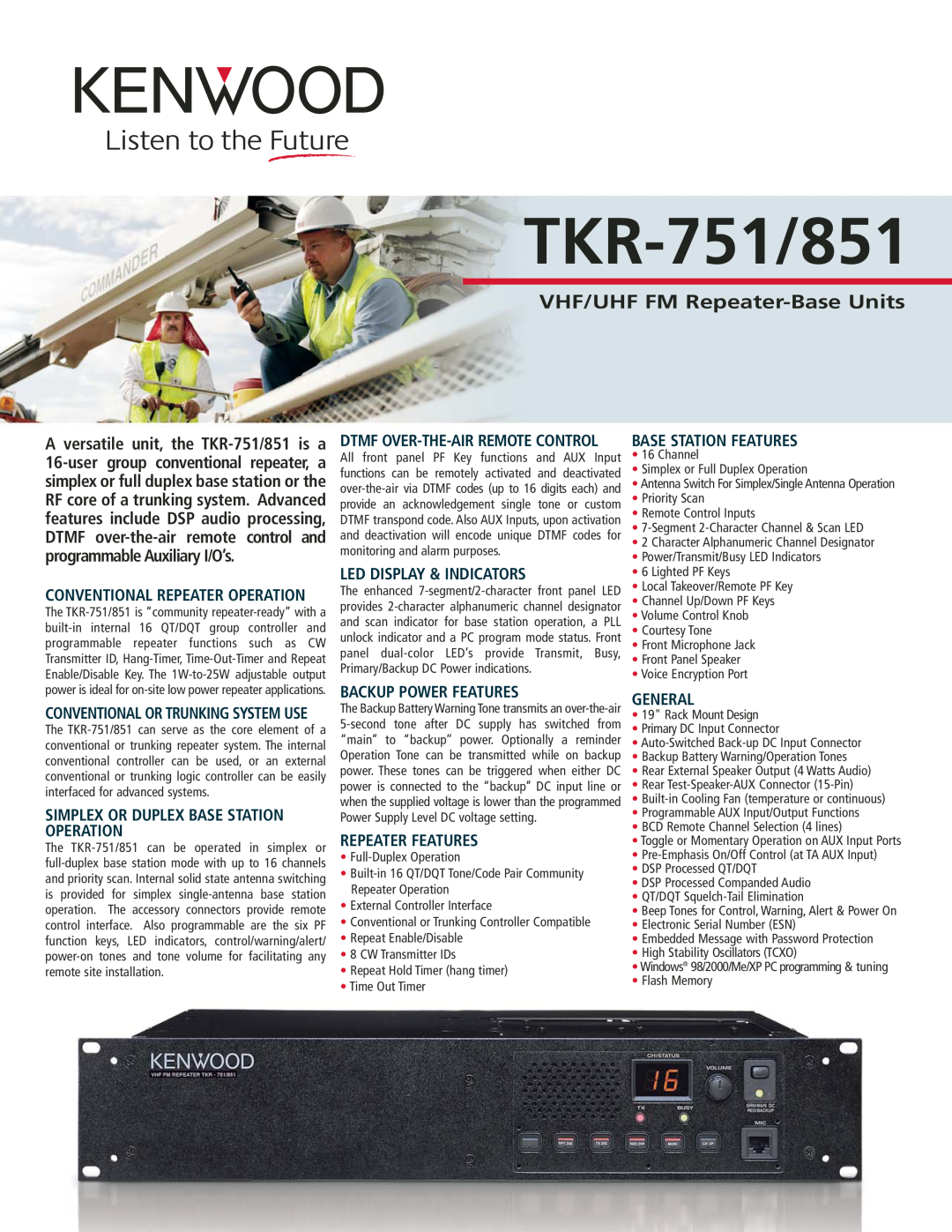 Kenwood manual TKR-751/851, VHF/UHF FM Repeater-Base Units, Simplex Or Duplex Base Station Operation, Repeater Features 