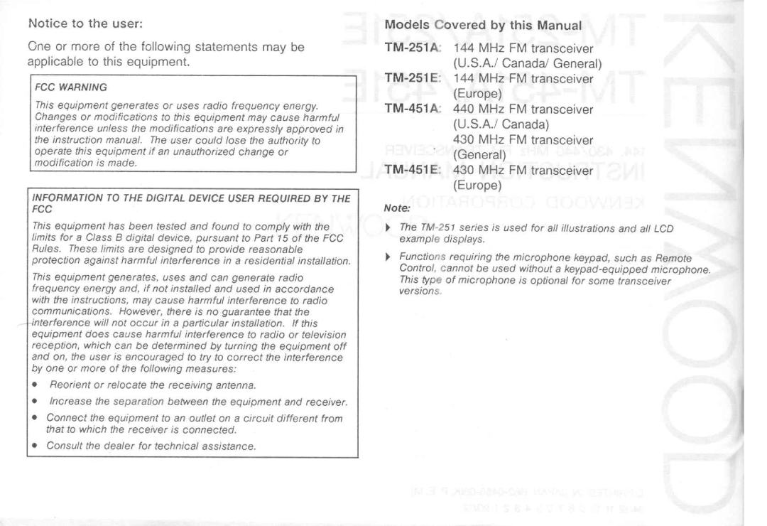 Kenwood TM-451E, TM-251E, TM-251A, TM-451A manual 