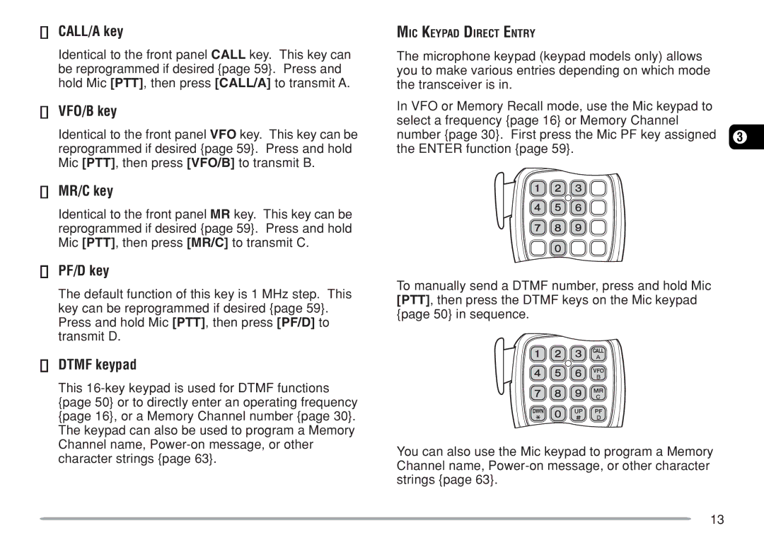 Kenwood TM-271A, TM-271E instruction manual CALL/A key, VFO/B key, MR/C key, PF/D key, Dtmf keypad 