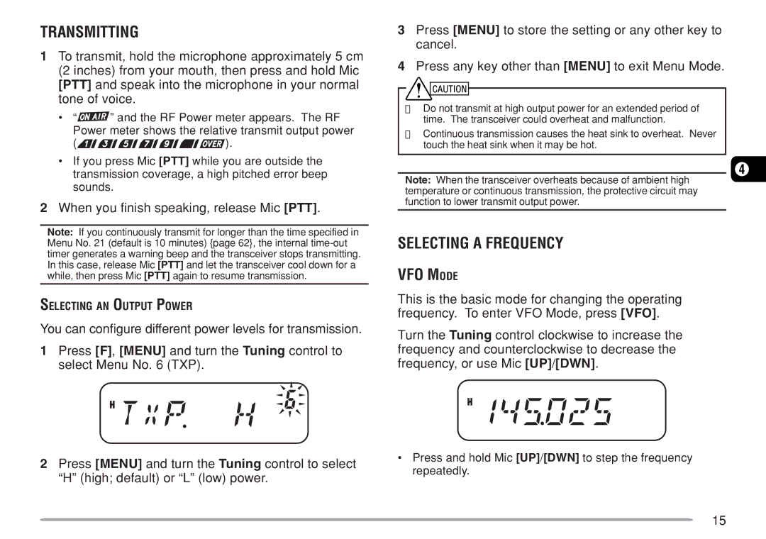 Kenwood TM-271A, TM-271E Transmitting, Selecting a Frequency VFO Mode, When you finish speaking, release Mic PTT 