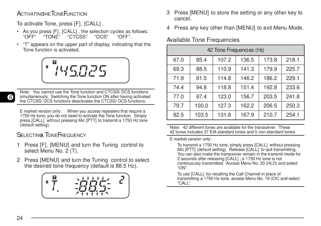 Kenwood TM-271A, TM-271E Available Tone Frequencies, To activate Tone, press F, Call, Tone Frequencies Hz 