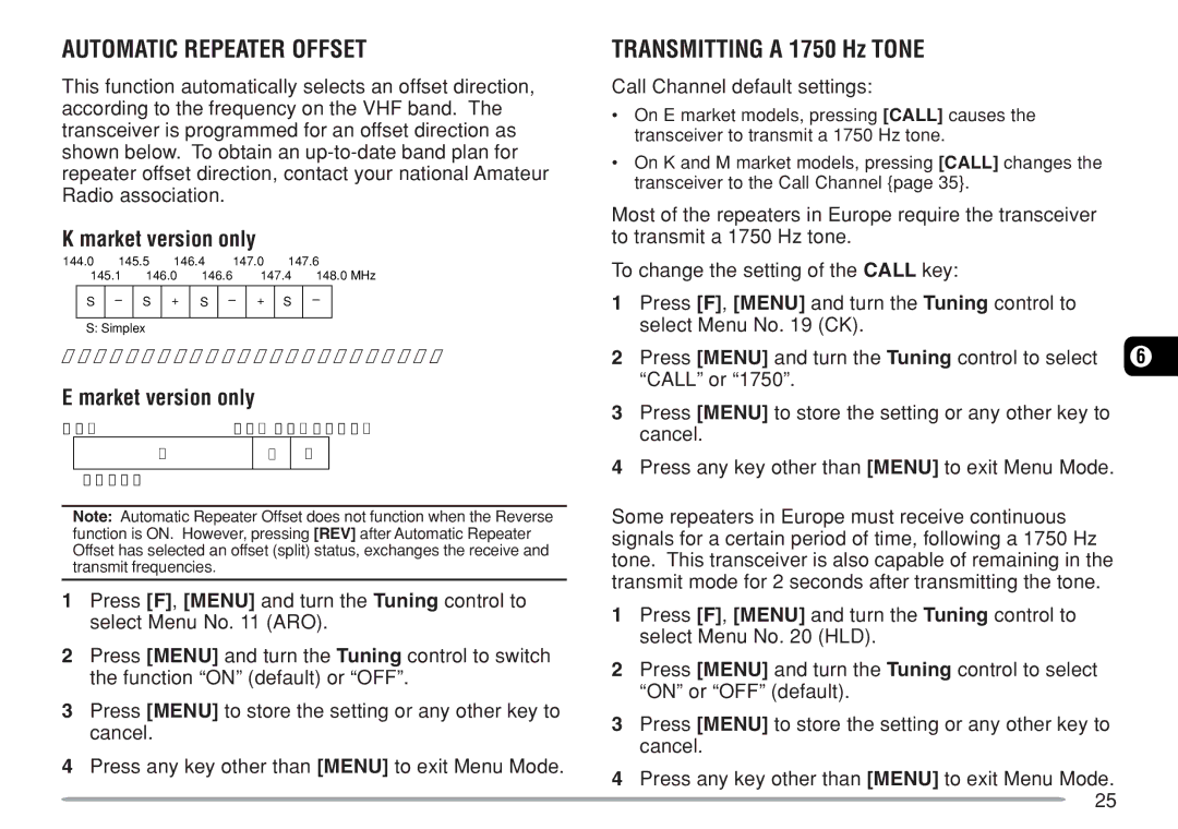 Kenwood TM-271A, TM-271E instruction manual Automatic Repeater Offset, Market version only, Call Channel default settings 