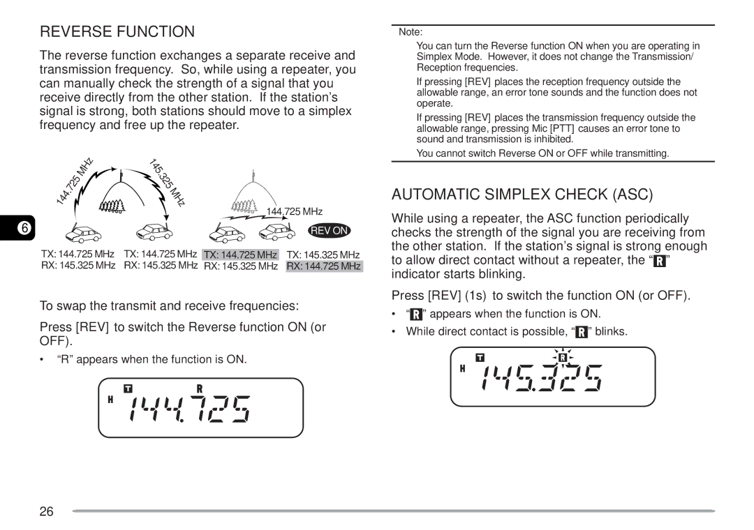 Kenwood TM-271A, TM-271E instruction manual Reverse Function, Automatic Simplex Check ASC 