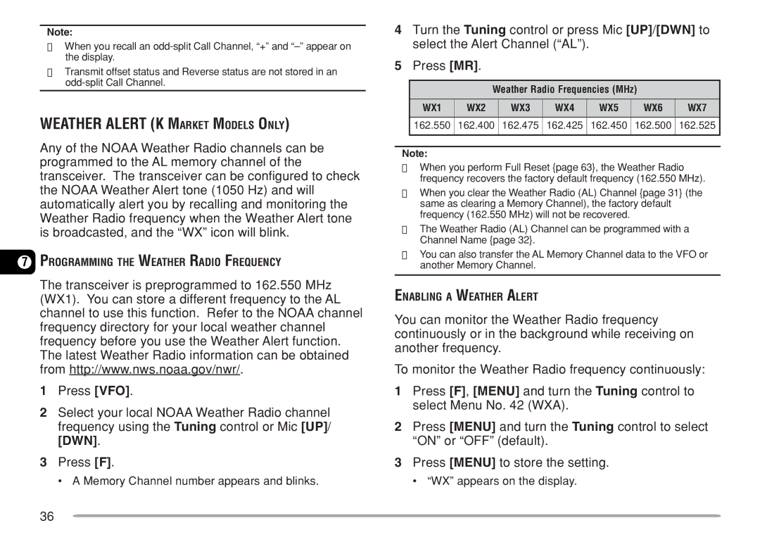 Kenwood TM-271A, TM-271E instruction manual Weather Alert K Market Models only, WX1 WX2 WX3 WX4 WX5 WX6 WX7 