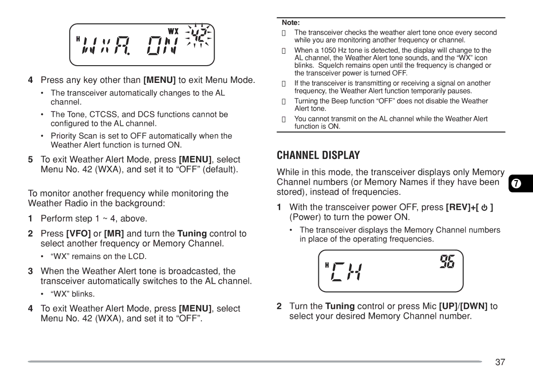 Kenwood TM-271A, TM-271E instruction manual Channel Display, Press any key other than Menu to exit Menu Mode 