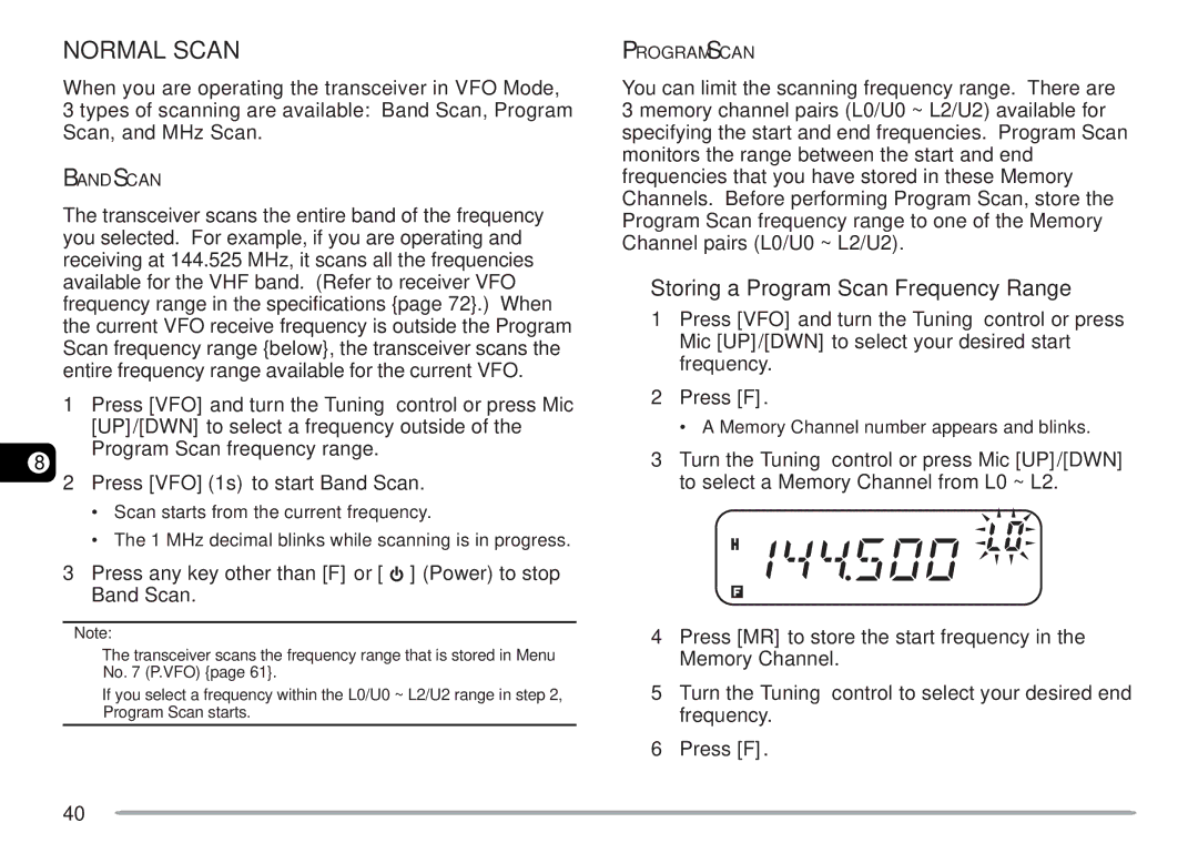 Kenwood TM-271A, TM-271E Normal Scan, Storing a Program Scan Frequency Range, Turn the Tuning control or press Mic UP/DWN 