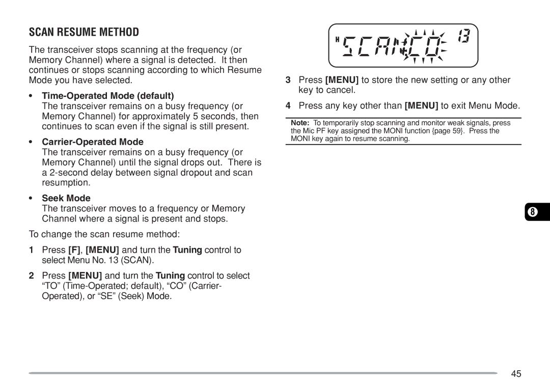 Kenwood TM-271A, TM-271E Scan Resume Method, Time-Operated Mode default, Carrier-Operated Mode, Seek Mode 