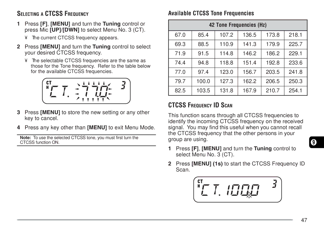 Kenwood TM-271A, TM-271E instruction manual Available Ctcss Tone Frequencies, Tone Frequencies Hz 