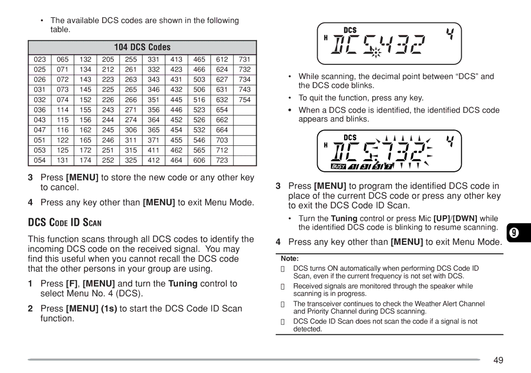 Kenwood TM-271A, TM-271E instruction manual DCS Code ID Scan, DCS Codes 