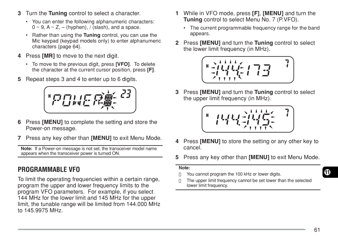 Kenwood TM-271A, TM-271E instruction manual Programmable VFO, Turn the Tuning control to select a character 