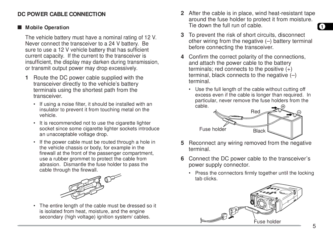 Kenwood TM-D700 E instruction manual DC Power Cable Connection, Mobile Operation 