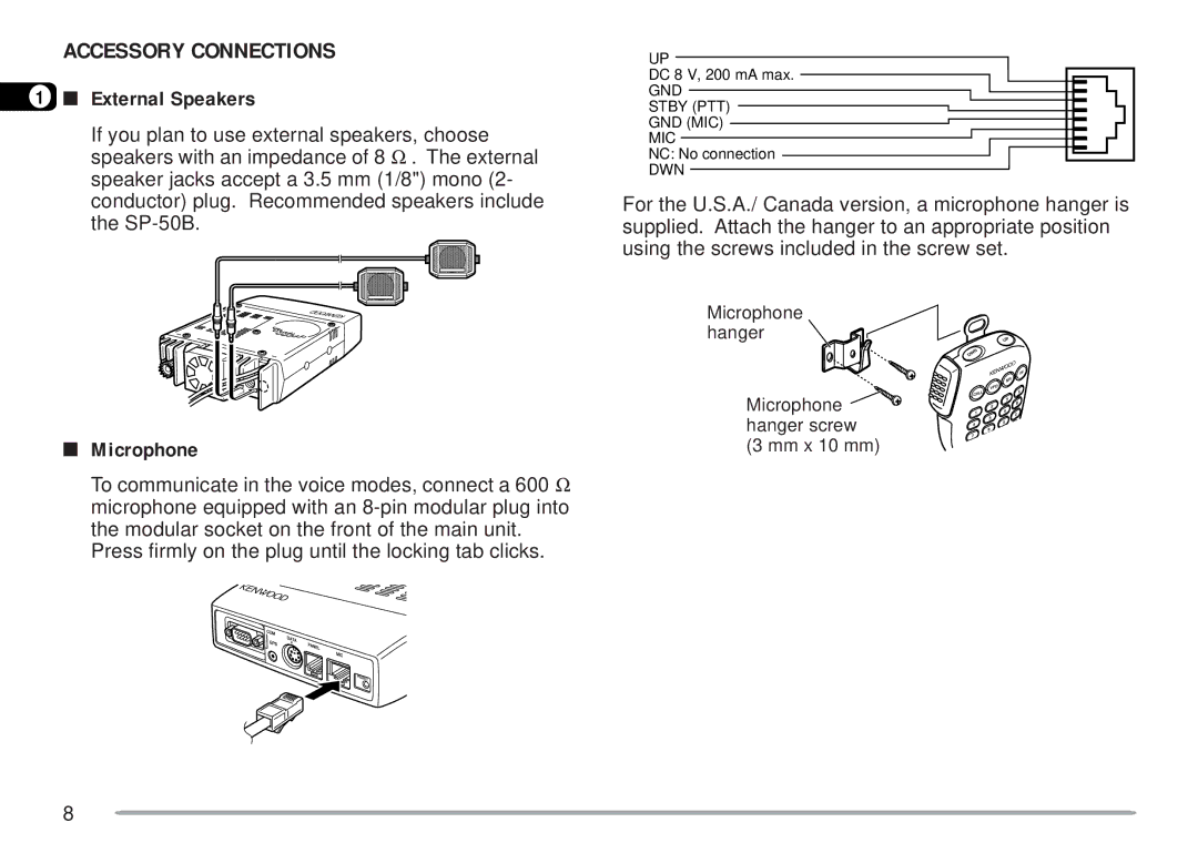 Kenwood TM-D700 E instruction manual Accessory Connections, External Speakers, Microphone 