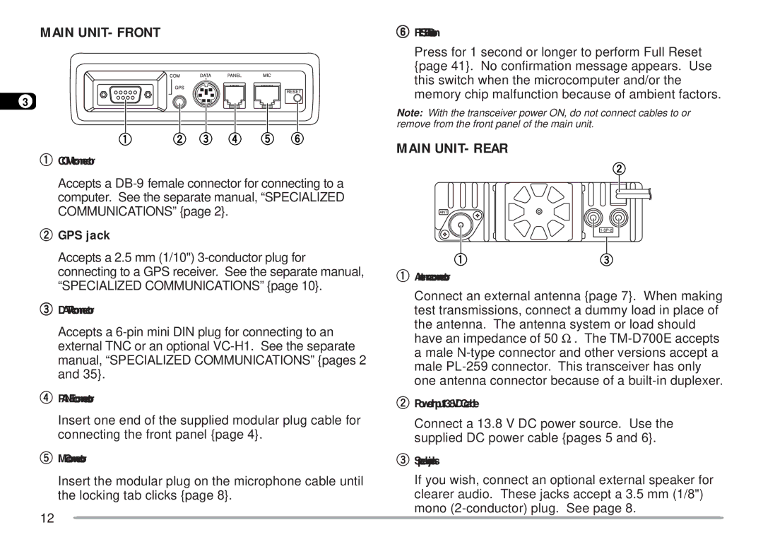 Kenwood TM-D700 E instruction manual Main UNIT- Front, Main UNIT- Rear, GPS jack 