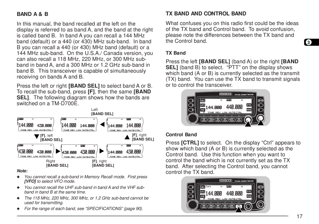 Kenwood TM-D700 E instruction manual Band a & B, TX Band and Control Band 