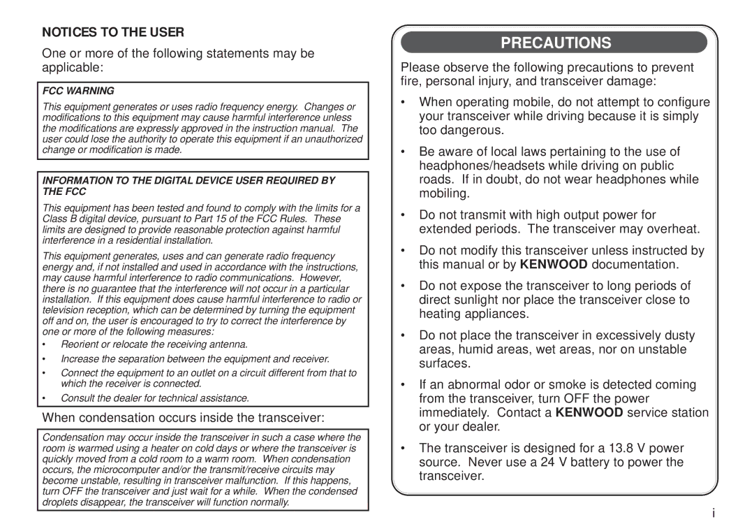 Kenwood TM-D700 E instruction manual One or more of the following statements may be applicable 