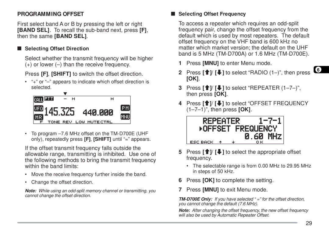 Kenwood TM-D700 E instruction manual Programming Offset, Selecting Offset Direction, Selecting Offset Frequency 