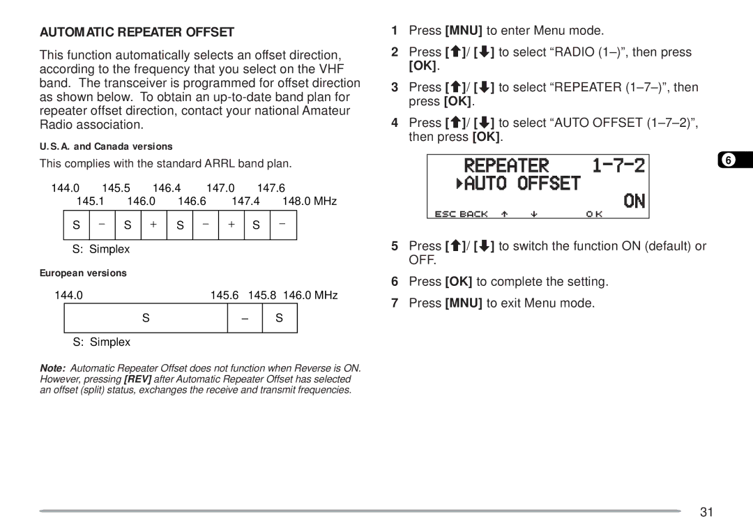 Kenwood TM-D700 E instruction manual Automatic Repeater Offset, A. and Canada versions 