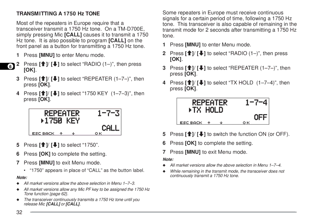 Kenwood TM-D700 E instruction manual Transmitting a 1750 Hz Tone 