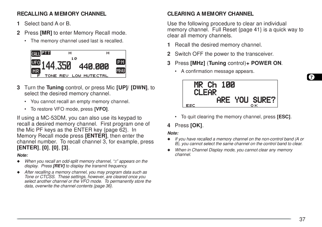 Kenwood TM-D700 E Recalling a Memory Channel, Clearing a Memory Channel, Press MHz Tuning control+ Power on 