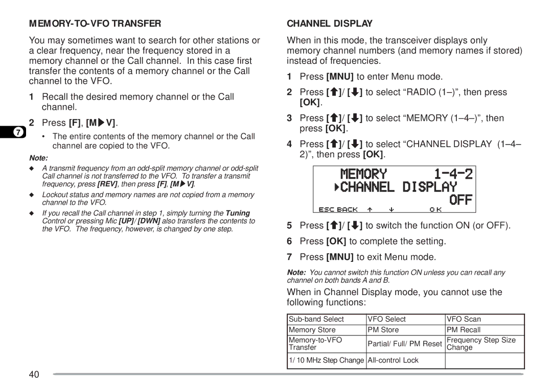 Kenwood TM-D700 E instruction manual MEMORY-TO-VFO Transfer, Channel Display 