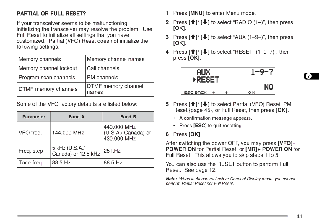 Kenwood TM-D700 E instruction manual Partial or Full RESET?, Parameter, Band B, 440.000 MHz 