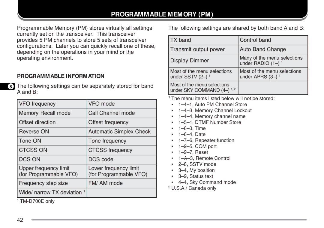 Kenwood TM-D700 E instruction manual Programmable Memory PM, Programmable Information 