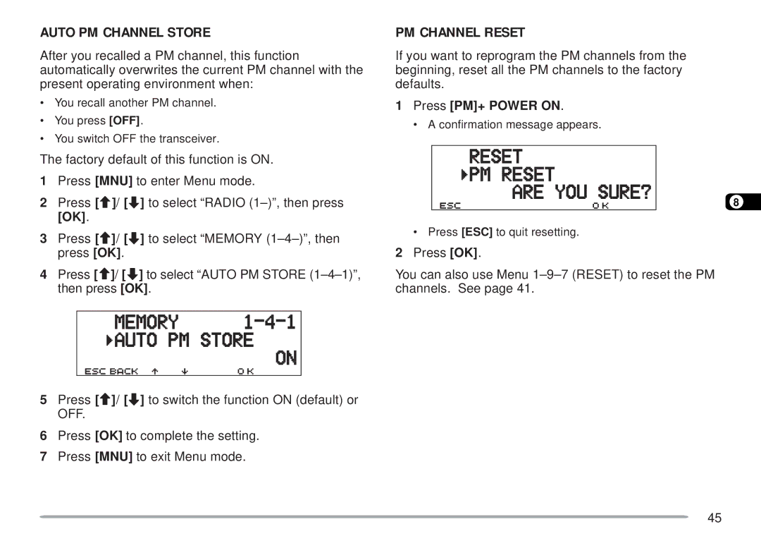 Kenwood TM-D700 E instruction manual Auto PM Channel Store, PM Channel Reset, Press PM+ Power on 