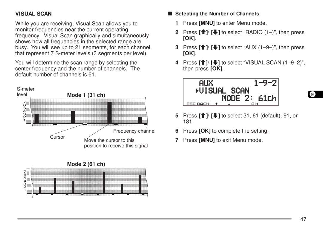 Kenwood TM-D700 E instruction manual Visual Scan, Selecting the Number of Channels, Mode 1 31 ch, Mode 2 61 ch 