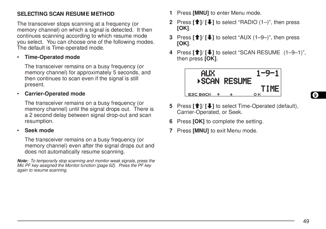 Kenwood TM-D700 E instruction manual Selecting Scan Resume Method, Time-Operated mode, Carrier-Operated mode, Seek mode 