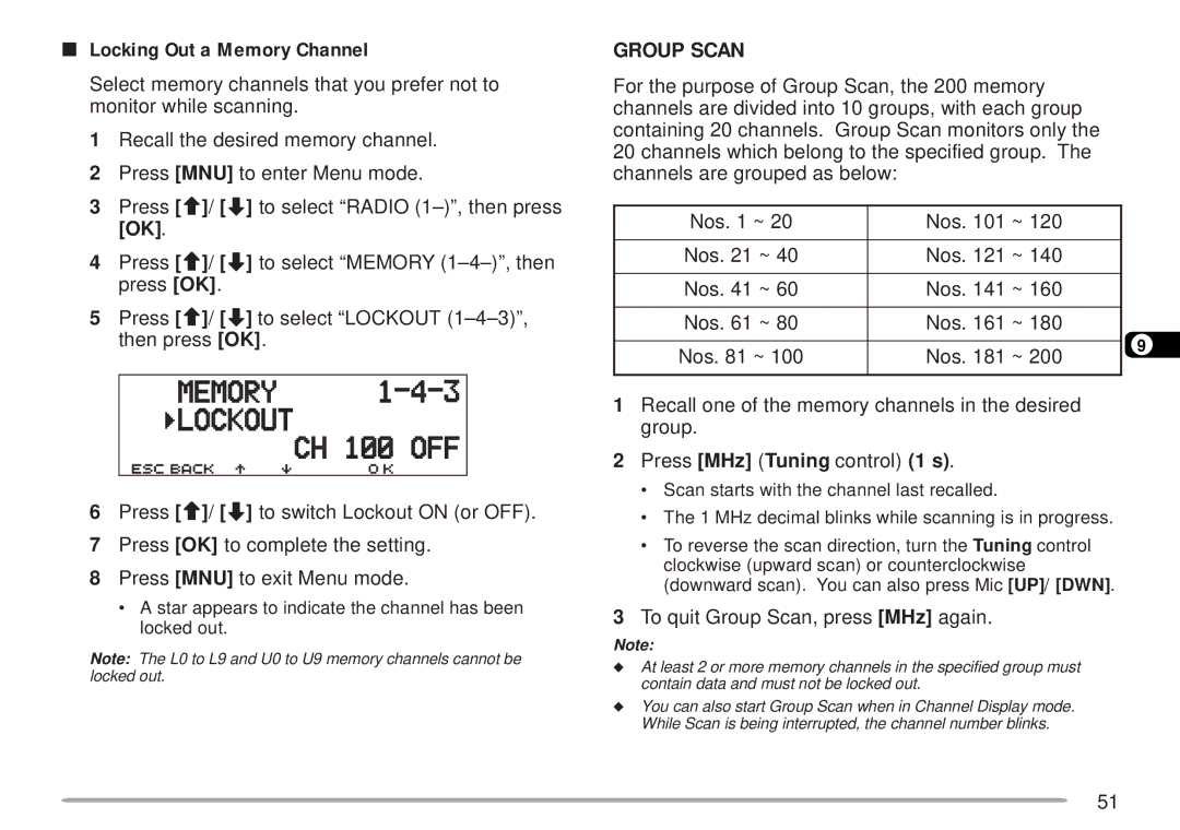 Kenwood TM-D700 E instruction manual Group Scan, Locking Out a Memory Channel, Press MHz Tuning control 1 s 