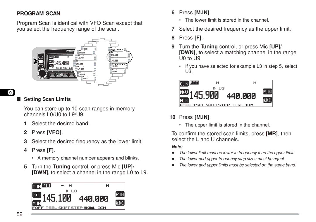 Kenwood TM-D700 E Program Scan, Setting Scan Limits, Select the desired frequency as the lower limit Press F 