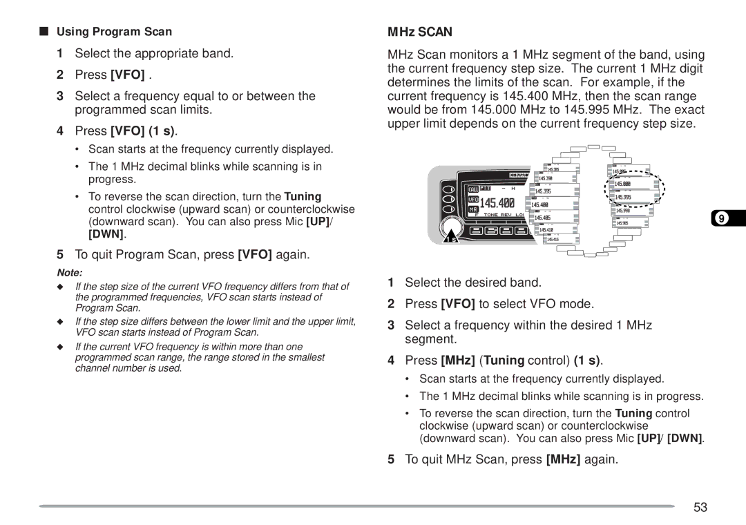 Kenwood TM-D700 E instruction manual Using Program Scan, Select the appropriate band, To quit Program Scan, press VFO again 