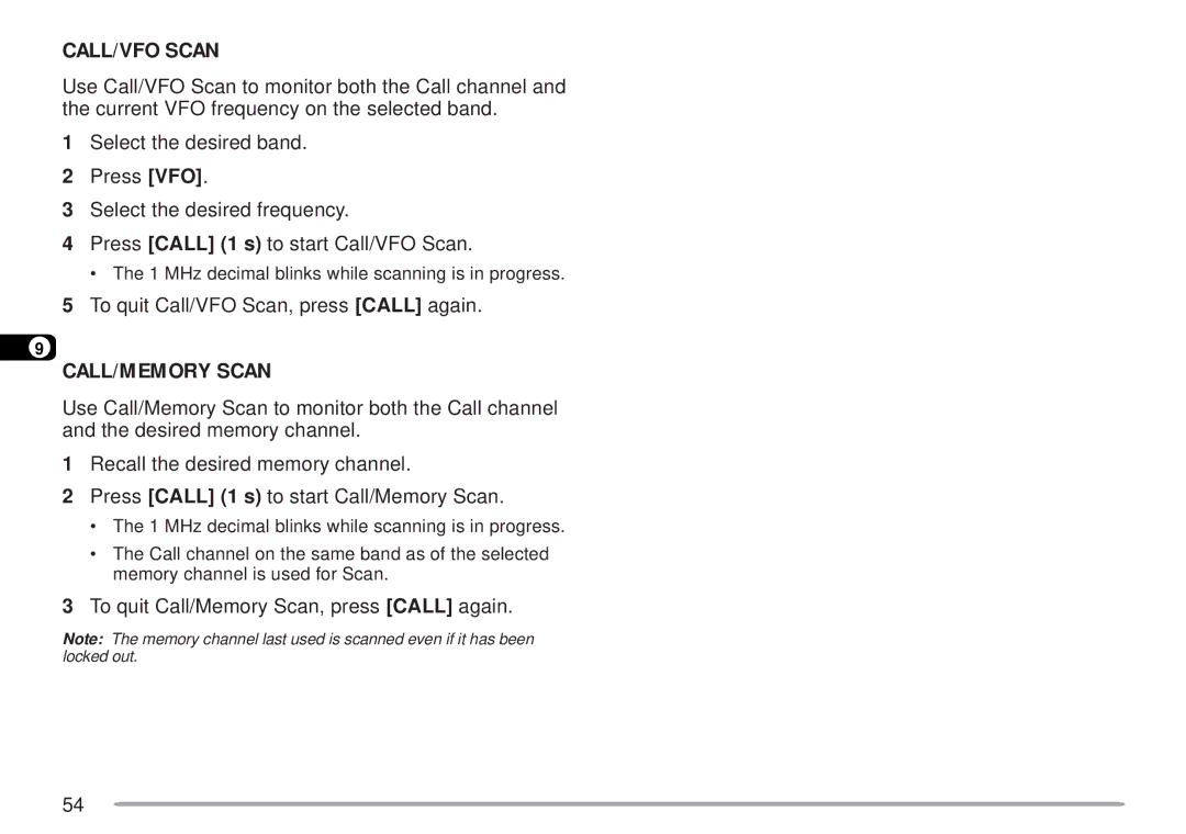 Kenwood TM-D700 E instruction manual CALL/VFO Scan, CALL/MEMORY Scan, To quit Call/VFO Scan, press Call again 