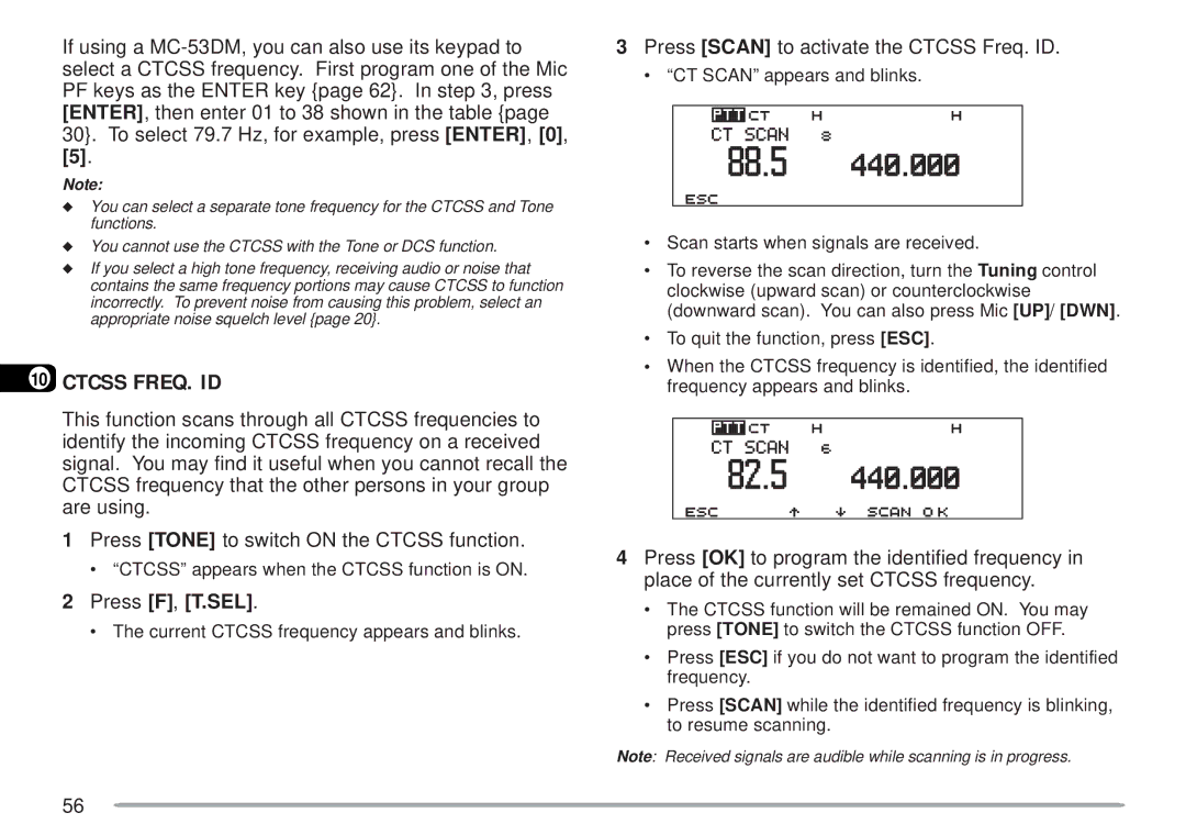 Kenwood TM-D700 E instruction manual Ctcss FREQ. ID, Press Scan to activate the Ctcss Freq. ID 