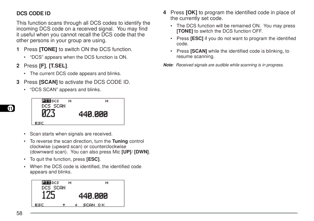 Kenwood TM-D700 E instruction manual Press Scan to activate the DCS Code ID 