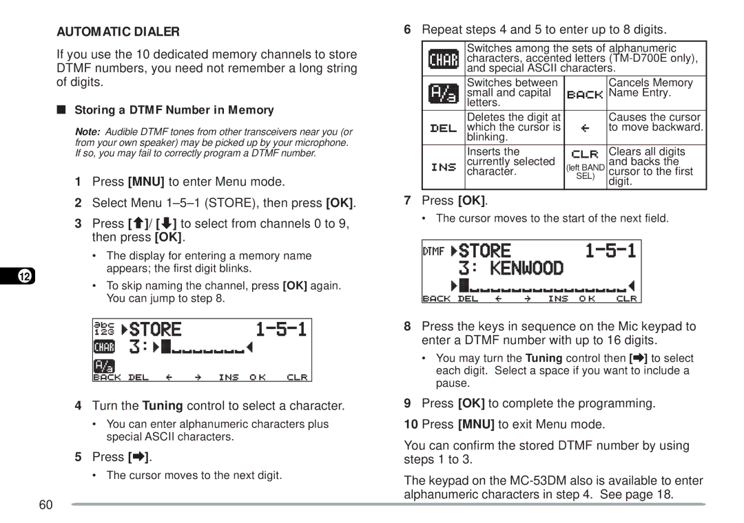 Kenwood TM-D700 E Automatic Dialer, Storing a Dtmf Number in Memory, Repeat steps 4 and 5 to enter up to 8 digits 