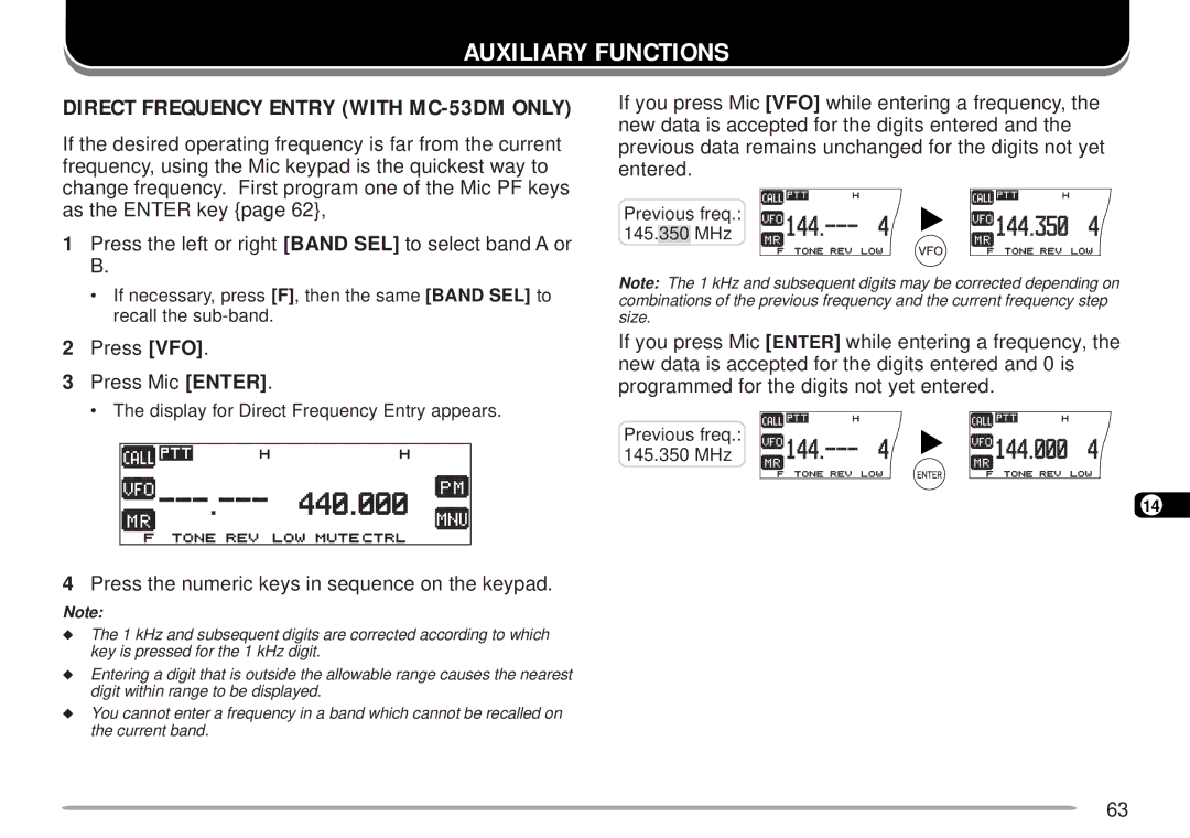 Kenwood TM-D700 E Auxiliary Functions, Press VFO Press Mic Enter, Press the numeric keys in sequence on the keypad 