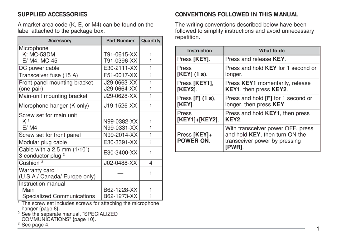 Kenwood TM-D700 E instruction manual Supplied Accessories, Conventions Followed in this Manual 