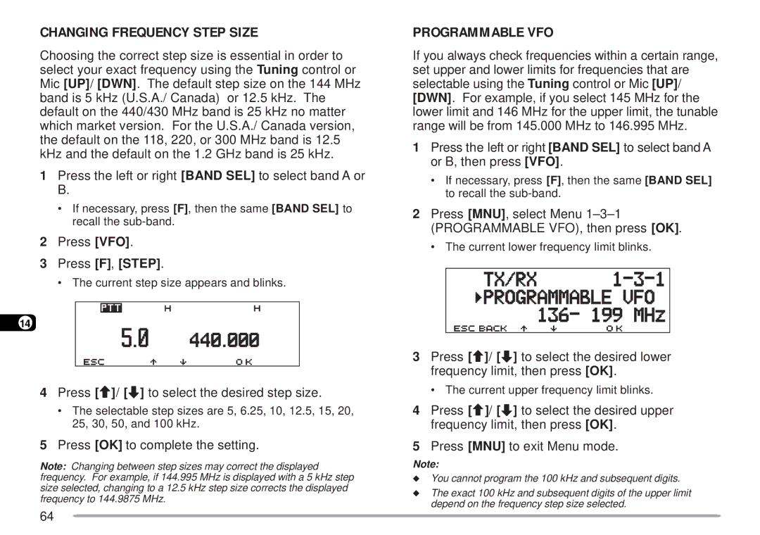 Kenwood TM-D700 E instruction manual Changing Frequency Step Size, Programmable VFO, Press VFO Press F, Step 